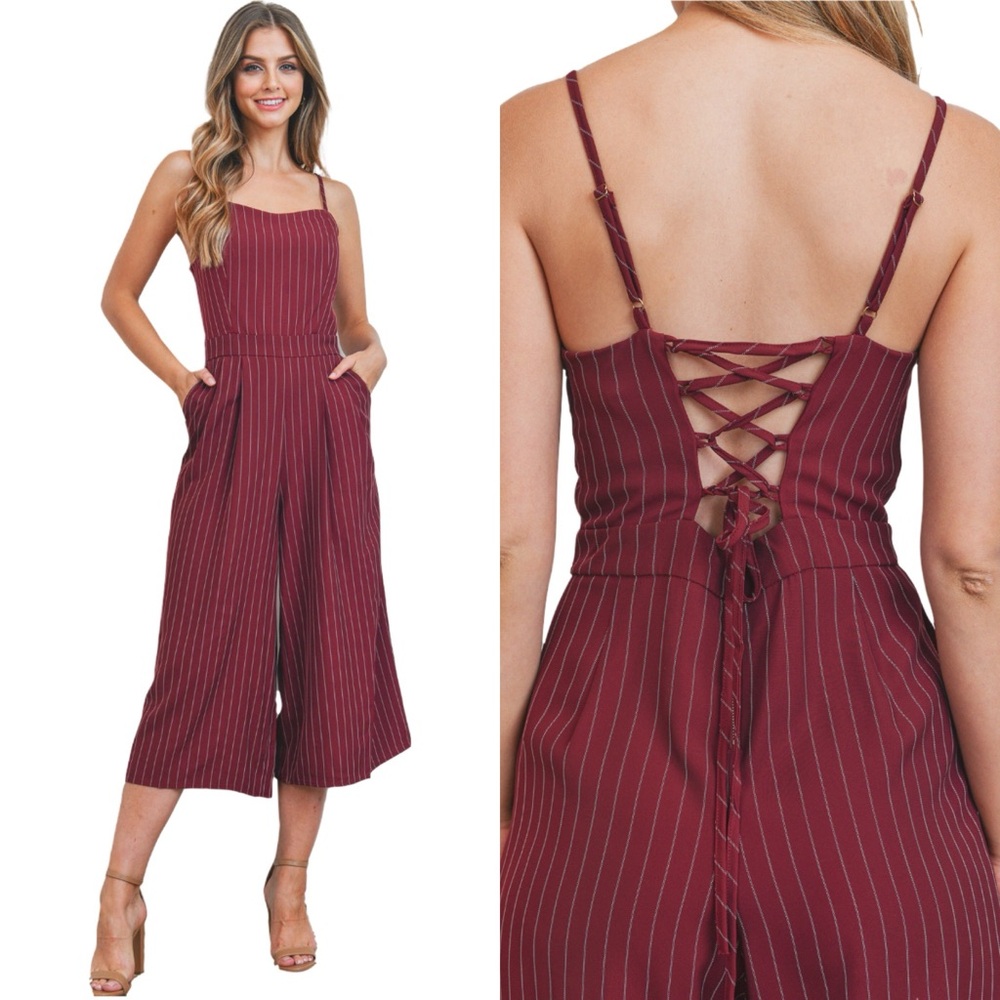 Burgundy Pinstripe Jumpsuit - Picture 1 of 5